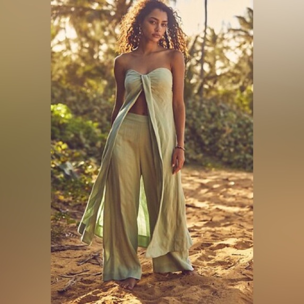 Free People Endless Summer Banita Set Two Piece Pants Top Wide Leg Mint Green M
